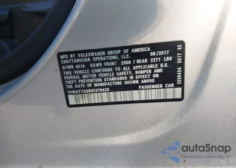 2017 Volkswagen Passat 1.8T S из США, поврежденный, VIN 1VWAT7A38HC079423